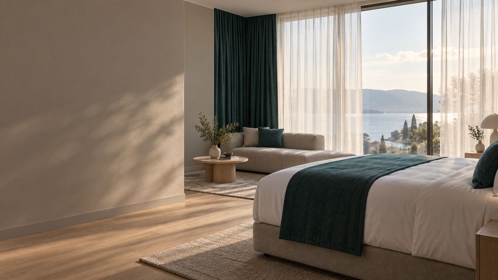 Hotel room with sheer and blackout curtains